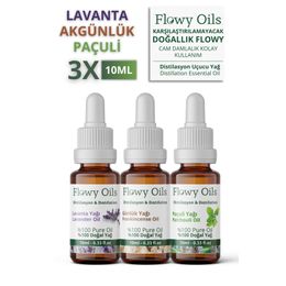 Flowy Oils 3x10 ml Lavanta Yağı, Akgünlük Yağı, Paçuli Yağı 3'lü Rahatlama Set