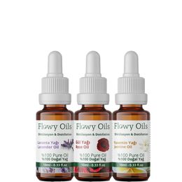 Flowy Oils Lavanta Yağı+Yasemin Yağı+Gül Yağı 3x10 ml Favori Set Bitkisel Uçucu Yağ