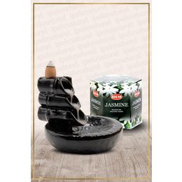 Hem Geri Akışlı Şelale Temalı Siyah Tütsülük No:10 ve 40 Adet Jasmine Konik Tütsü