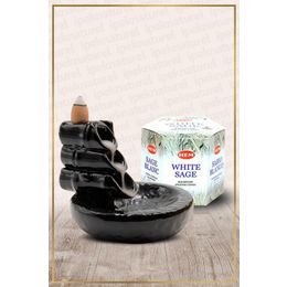 Hem Geri Akışlı Şelale Temalı Siyah Tütsülük No:10 ve 40 Adet White Sage Konik Tütsü