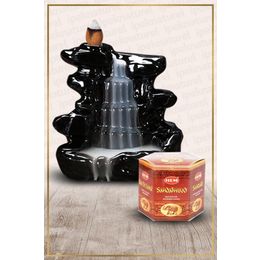 Hem Geri Akışlı Şelale Temalı Siyah Tütsülük No:6 ve 40 Adet Sandalwood Konik Tütsü