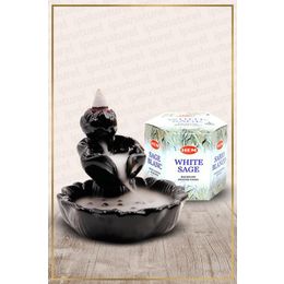 Hem Geri Akışlı Şelale Temalı Siyah Tütsülük No:8 ve 40 Adet White Sage Konik Tütsü