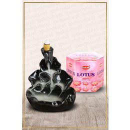 Hem Geri Akışlı Şelale Temalı Siyah Tütsülük No:9 ve 40 Adet Lotus Konik Tütsü