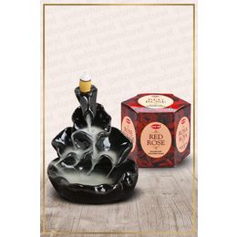 Hem Geri Akışlı Şelale Temalı Siyah Tütsülük No:9 ve 40 Adet Red Rose Konik Tütsü