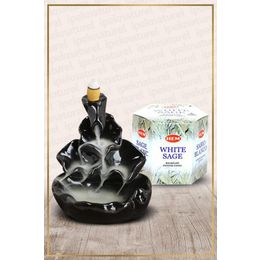 Hem Geri Akışlı Şelale Temalı Siyah Tütsülük No:9 ve 40 Adet White Sage Konik Tütsü
