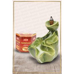 Hem Geri Akışlı Şelale Temalı Yeşil Tütsülük No:2 ve 40 Adet Sandalwood Konik Tütsü