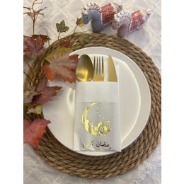 Kidspartim 12'li 40x40 cm Gold Yaldızlı Beyaz Arapça Ay Desenli Ramadan Kerim Cepli Peçete