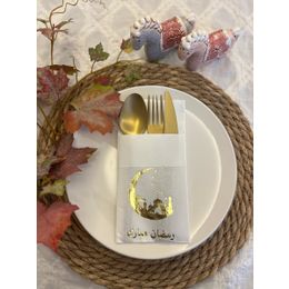 Kidspartim 12'li 40x40 cm Gold Yaldızlı Beyaz Arapça Ay Desenli Ramadan Mübarek Cepli Peçete