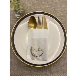 Kidspartim 12'li 40x40 cm Gold Yaldızlı Beyaz Ay Desenli İyi Bayramlar Cepli Peçete