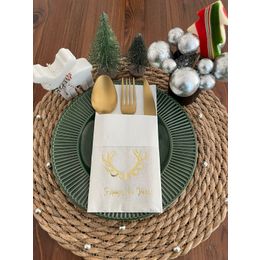 Kidspartim 12'li 40x40 cm Gold Yaldızlı Beyaz Cepli Aır Touch Happy New Year Geyik Boynuzu Peçete