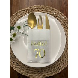 Kidspartim 12'li 40x40 cm Gold Yaldızlı Beyaz Cepli Hello Yetmiş Yaş Peçete