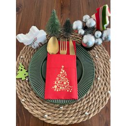 Kidspartim 12'li 40x40 cm Gold Yaldızlı Kırmızı Cepli Çam Ağacı Peçete