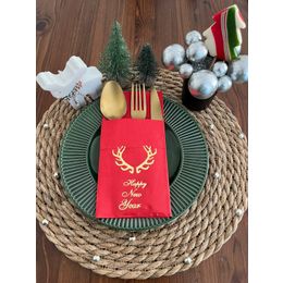 Kidspartim 12'li 40x40 cm Gold Yaldızlı Kırmızı Cepli Küçük Geyik Boynuzu Peçete