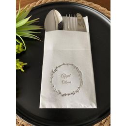 Kidspartim 12'li 40x40 cm Gümüş Yaldızlı Beyaz Çelenkli Afiyet Olsun Cepli Peçete