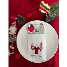 Kidspartim 12'li 40x40 cm Kırmızı Beyaz Cepli Aır Touch Yılbaşı Geyik Modeli Peçete