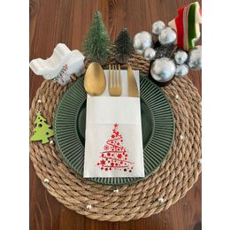 Kidspartim 12'li 40x40 cm Kırmızı Yaldızlı Beyaz Cepli Çam Ağacı Peçete