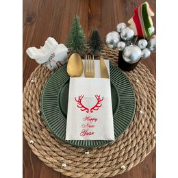 Kidspartim 12'li 40x40 cm Kırmızı Yaldızlı Beyaz Cepli Küçük Geyik Boynuzu Peçete
