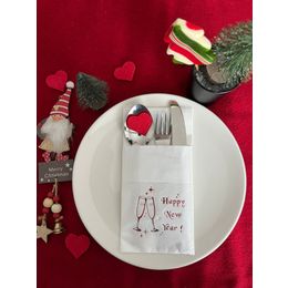 Kidspartim 12'li 40x40 cm Kırmızı Yaldızlı Beyaz Cepli Yılbaşı Kadeh Happy New Year Kağıt Peçete
