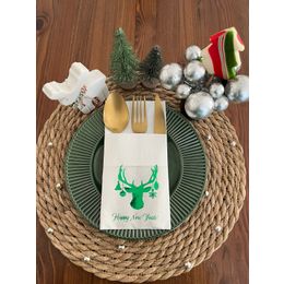 Kidspartim 12'li 40x40 cm Yeşil Yaldızlı Beyaz Cepli Aır Touch Yılbaşı Geyik Modeli Peçete