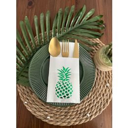 Kidspartim 12'li 40x40 cm Yeşil Yaldızlı Beyaz Cepli Ananas Peçete