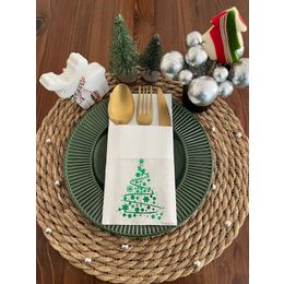Kidspartim 12'li 40x40 cm Yeşil Yaldızlı Beyaz Cepli Çam Ağacı Peçete