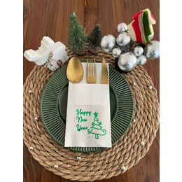 Kidspartim 12'li 40x40 cm Yeşil Yaldızlı Beyaz Cepli Happy New Year Çam Ağacı Peçete