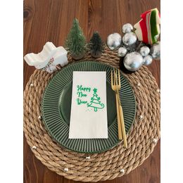 Kidspartim 16'lı Yeşil Yaldızlı Beyaz Happy New Year Çam Ağacı Peçete