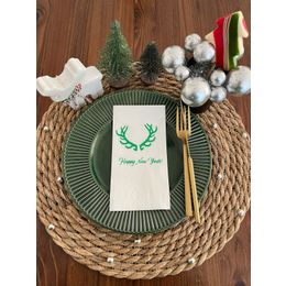 Kidspartim 16'lı Yeşil Yaldızlı Beyaz Happy New Year Geyik Boynuzu Peçete