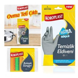 Koroplast Temizlik Eldiveni Ekstra Güçlü L Boy 5'li Oluklu Sünger Yeni Ovma Teli