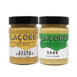 Laçoko 320 gr Çifte Kavrulmuş Çifte Kavrulmuş Parçacıklı Fıstık ve Sade Fındık Ezmesi