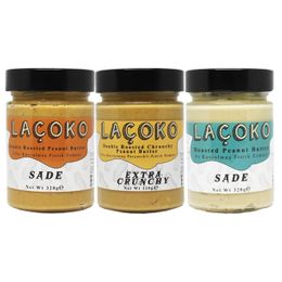 Laçoko 320 gr Deneme Serisi Çifte Kavrulmuş,Çifte Kavrulmuş Parçacıklı Fıstık ve Az Kavrulmuş Parçacıklı Fıstık Ezmesi