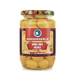 Marmarabirlik Salamura Kırmızı Biberli 141-160 KB 4XL Yeşil Zeytin Cam 400 G
