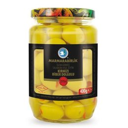 Marmarabirlik Salamura Kırmızı Biberli 141-160 KB 4XL Yeşil Zeytin Cam 400 G