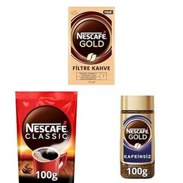 Nescafé 2x250 gr Gold Filtre Kahve + 100 gr Classic Çözünebilir Kahve + 100 gr Cam Gold Kafeinsiz Çözünebilir Kahve