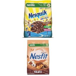Nesquik 310 gr Harfler Kakaolu Buğday ve Mısır Gevreği, + 400 gr Nestle Nesfit Çikolatalı Tam Buğday ve Pirinç Gevreği