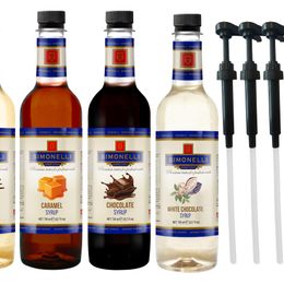 Simonelli 4x700 ml Karamel + Vanilya + Çikolata + Beyaz Çikolata Kahve ve Kokteyl Şurubu + 4 Adet Pompa