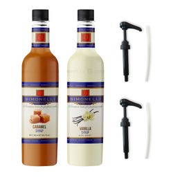 Simonelli 70 cl Karamel Aromalı + 70 cl Vanilya Aromalı Kahve Şurubu + 2 Adet Pompa