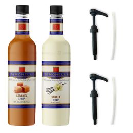 Simonelli 70 cl Karamel Aromalı + 70 cl Vanilya Aromalı Kahve Şurubu + 2 Adet Pompa