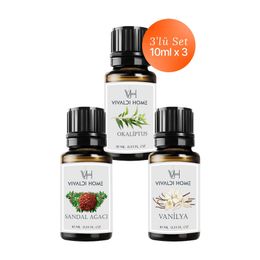 Vivaldi Home 3x10 ml Okaliptus, Sandal Ağacı, Vanilya Uçucu Yağ Buhurdanlık Yağı
